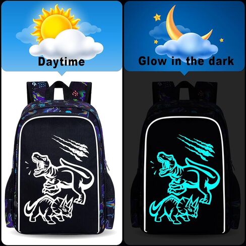 KLFVB 3PCS Boys Dinosaur Backpack, Luminous School Backpacks with Lunch Box, 17" Water Resistant Kids Camo Bookbag for Middle Elementary Teens to School Travel - Luminous Dinosaur in Kuwait