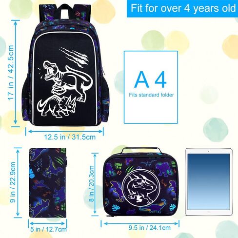 KLFVB 3PCS Boys Dinosaur Backpack, Luminous School Backpacks with Lunch Box, 17" Water Resistant Kids Camo Bookbag for Middle Elementary Teens to School Travel - Luminous Dinosaur in Kuwait