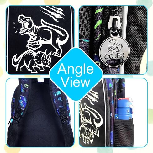 KLFVB 3PCS Boys Dinosaur Backpack, Luminous School Backpacks with Lunch Box, 17" Water Resistant Kids Camo Bookbag for Middle Elementary Teens to School Travel - Luminous Dinosaur in Kuwait