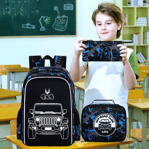 KLFVB 3PCS Boys Dinosaur Backpack, Luminous School Backpacks with Lunch Box, 17" Water Resistant Kids Camo Bookbag for Middle Elementary Teens to School Travel - Luminous Dinosaur in Saudi Arabia