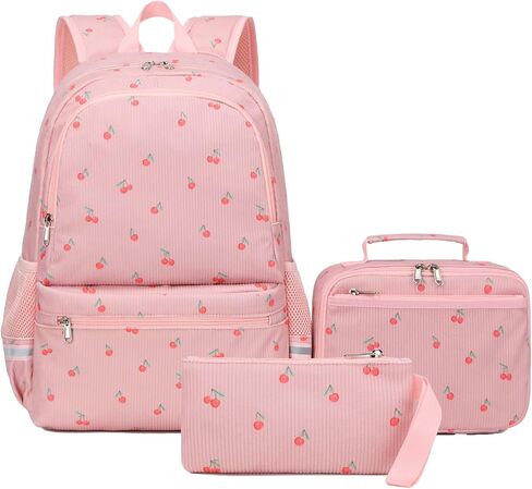 Octsky School Backpack for Teen Girls Cute Corduroy Kids Bookbag with Lunch Box Set, Pink/Cherry in Kuwait