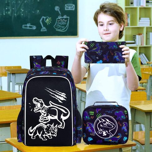 KLFVB 3PCS Boys Dinosaur Backpack, Luminous School Backpacks with Lunch Box, 17" Water Resistant Kids Camo Bookbag for Middle Elementary Teens to School Travel - Luminous Dinosaur in Kuwait