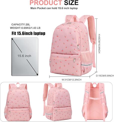 Octsky School Backpack for Teen Girls Cute Corduroy Kids Bookbag with Lunch Box Set, Pink/Cherry in Kuwait