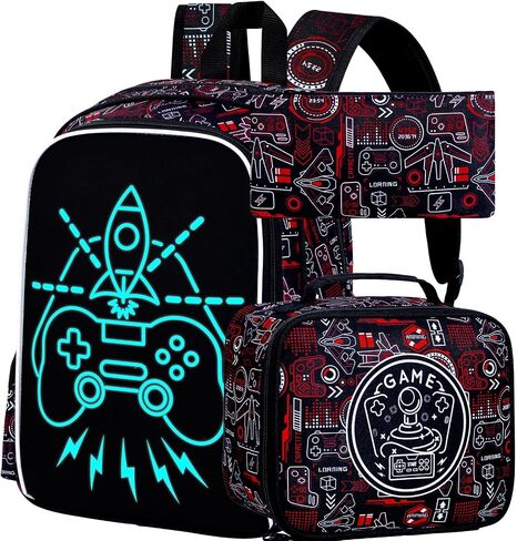 KLFVB 3PCS Boys Dinosaur Backpack, Luminous School Backpacks with Lunch Box, 17" Water Resistant Kids Camo Bookbag for Middle Elementary Teens to School Travel - Luminous Dinosaur in Saudi Arabia