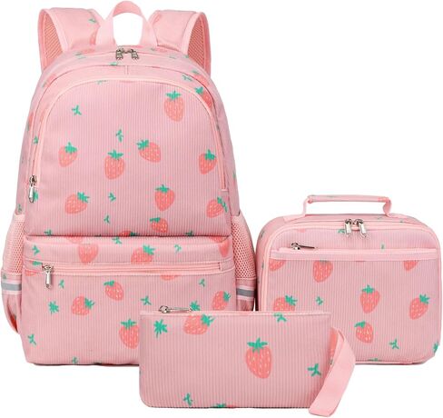 Octsky School Backpack for Teen Girls Cute Corduroy Kids Bookbag with Lunch Box Set, Pink/Cherry in Kuwait