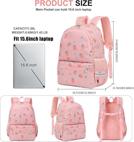 Octsky School Backpack for Teen Girls Cute Corduroy Kids Bookbag with Lunch Box Set, Pink/Cherry in Kuwait