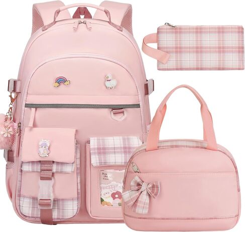Backpack for Girls 15.6 Inch Laptop School Bag Kids Elementary College 3pcs Backpacks Lunch box Pencil Case Set Bookbags for Girls Teen Women Student Pink in Kuwait