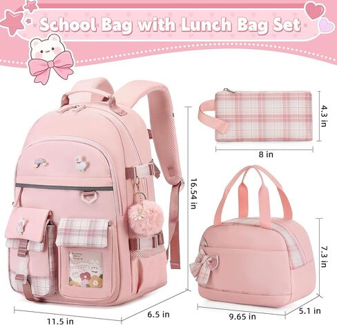 Backpack for Girls 15.6 Inch Laptop School Bag Kids Elementary College 3pcs Backpacks Lunch box Pencil Case Set Bookbags for Girls Teen Women Student Pink in Kuwait
