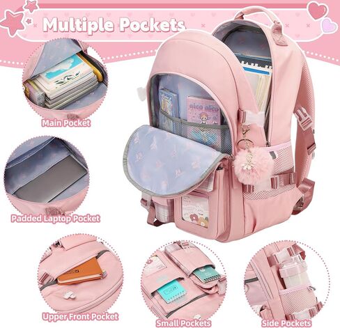 Backpack for Girls 15.6 Inch Laptop School Bag Kids Elementary College 3pcs Backpacks Lunch box Pencil Case Set Bookbags for Girls Teen Women Student Pink in Kuwait