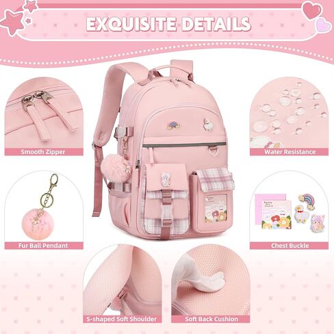 Backpack for Girls 15.6 Inch Laptop School Bag Kids Elementary College 3pcs Backpacks Lunch box Pencil Case Set Bookbags for Girls Teen Women Student Pink in Kuwait