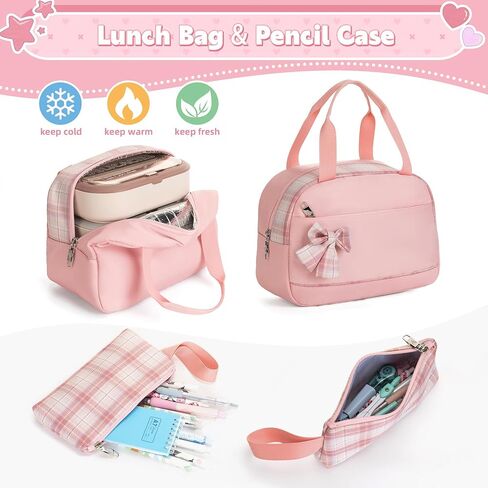 Backpack for Girls 15.6 Inch Laptop School Bag Kids Elementary College 3pcs Backpacks Lunch box Pencil Case Set Bookbags for Girls Teen Women Student Pink in Kuwait