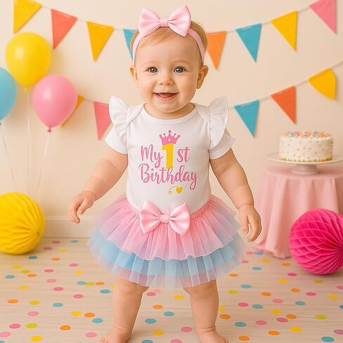 Winmany Baby Girl First Birthday Outfit 3PCS Bow Headband My 1st Birthday Romper Tutu Skirt Set for Cake Smash Photo Shoot in Kuwait