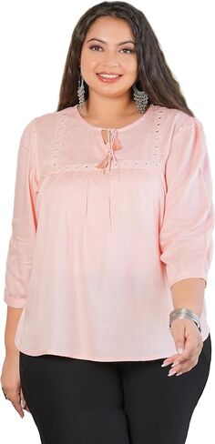 Yash Gallery Women Cotton Indian Lendit Length Keyhole Neck 3/4 قميص قميص قميص مع شرابة الصيف in Kuwait