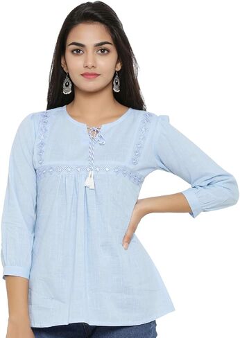Yash Gallery Women Cotton Indian Lendit Length Keyhole Neck 3/4 قميص قميص قميص مع شرابة الصيف in Kuwait