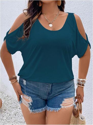 Verdusa Women's Plus Size Cold Shoulder Tie Back T Shirts Half Sleeve Summer Tunic Tops in Kuwait
