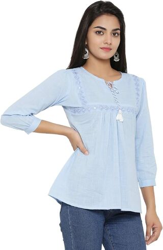 Yash Gallery Women Cotton Indian Lendit Length Keyhole Neck 3/4 قميص قميص قميص مع شرابة الصيف in Kuwait