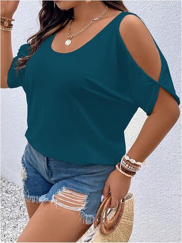 Verdusa Women's Plus Size Cold Shoulder Tie Back T Shirts Half Sleeve Summer Tunic Tops in Kuwait