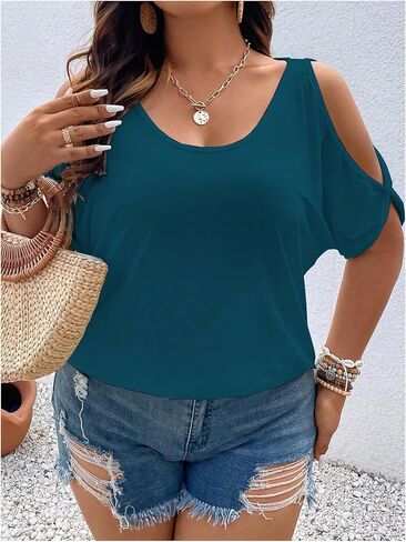 Verdusa Women's Plus Size Cold Shoulder Tie Back T Shirts Half Sleeve Summer Tunic Tops in Kuwait