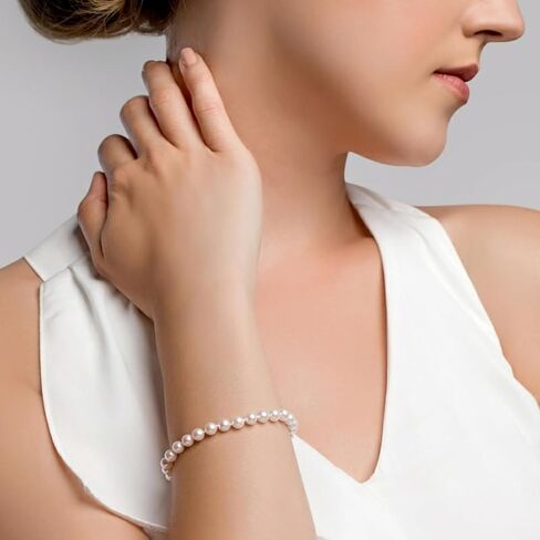 The Pearl Source 14K Gold 5.5-6mm Round White Japanese Akoya Saltwater Cultured Pearl Bracelet for Women Pearl Gifts for Christmas, Holidays and Anniversary in Saudi Arabia