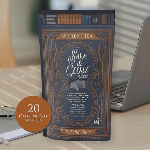 Writer's Tea Save & Close - Nighttime Tea - Chamomile, Lavender, Peppermint, Licorice Root, and Blackberry Leaves Tea Blend - Caffeine Free - 20 Woven Sachets in Saudi Arabia