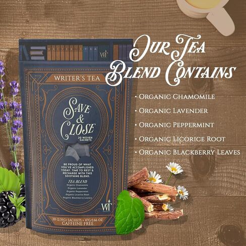 Writer's Tea Save & Close - Nighttime Tea - Chamomile, Lavender, Peppermint, Licorice Root, and Blackberry Leaves Tea Blend - Caffeine Free - 20 Woven Sachets in Saudi Arabia