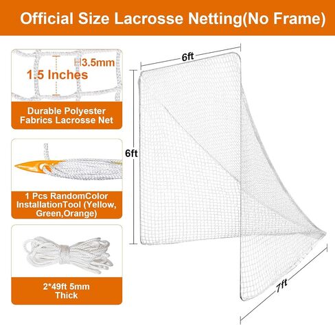 6x6x7’ 6mmLacrosse Net Replacement with 1x Random Color Install Aid，2X49'Lacing Ropes of Lacrosse Net Lacrosse Goal Net for Lacrosse Training, Competition of Backyard, Garage or Playground in Saudi Arabia