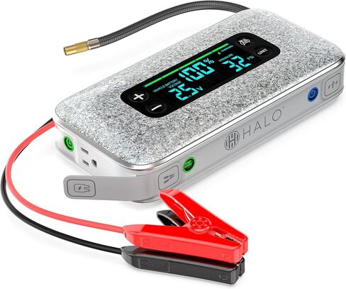 هالو بولت النهائي 3 محمولة بطارية بطارية القفز | 130 PSI Air Compressor ، 55.5WH USB Power Bank ، شاشة كبيرة ، أضواء طارئة وشاحن ، يقفز سيارات سيارات وشاحنات ، تضخيم الإطارات - الرمادي in Kuwait