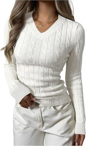 Verdusa Women's Cable Knit Sweater V Neck Long Sleeve Slim Fitted Casual Pullover Tops in Kuwait