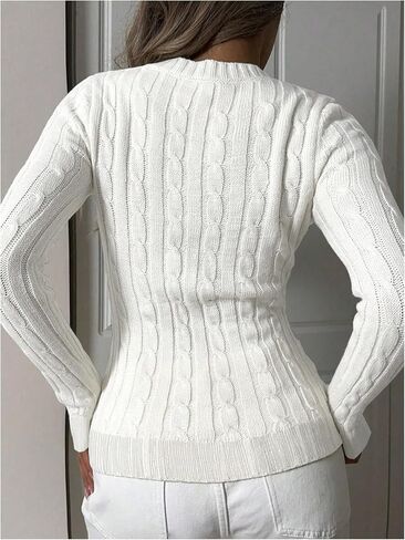 Verdusa Women's Cable Knit Sweater V Neck Long Sleeve Slim Fitted Casual Pullover Tops in Kuwait