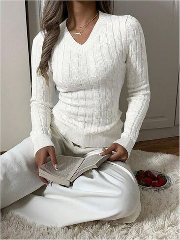 Verdusa Women's Cable Knit Sweater V Neck Long Sleeve Slim Fitted Casual Pullover Tops in Kuwait