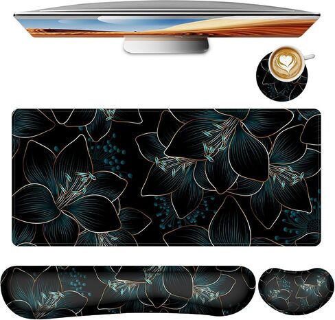 Keyboard Mouse Pad Set,Large Gaming Mouse Pad+Keyboard Wrist Rest+Wrist Rest+Coaster,Computer Desk pad Set Wrist Support for Office Desktop Laptop. (35.4" x 15.7") Extended Desk Mat (Floral) in Saudi Arabia