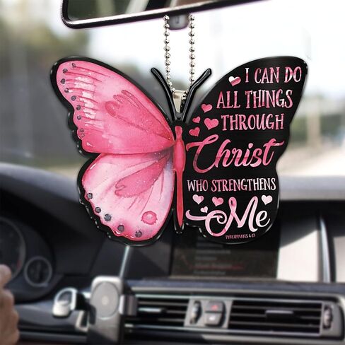 Talataca Pink Butterfly I Can Do All Things Through Christ Strengthens Me 2D Flat Car Rear View Mirror Accessories Christmas Tree Ornament Decoration Hanging Charm Interior Rearview Pendant Decor Gift in Saudi Arabia