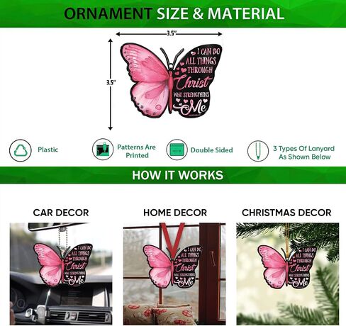 Talataca Pink Butterfly I Can Do All Things Through Christ Strengthens Me 2D Flat Car Rear View Mirror Accessories Christmas Tree Ornament Decoration Hanging Charm Interior Rearview Pendant Decor Gift in Saudi Arabia