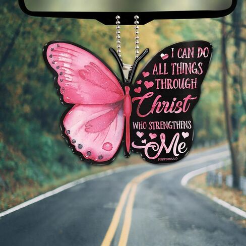 Talataca Pink Butterfly I Can Do All Things Through Christ Strengthens Me 2D Flat Car Rear View Mirror Accessories Christmas Tree Ornament Decoration Hanging Charm Interior Rearview Pendant Decor Gift in Saudi Arabia