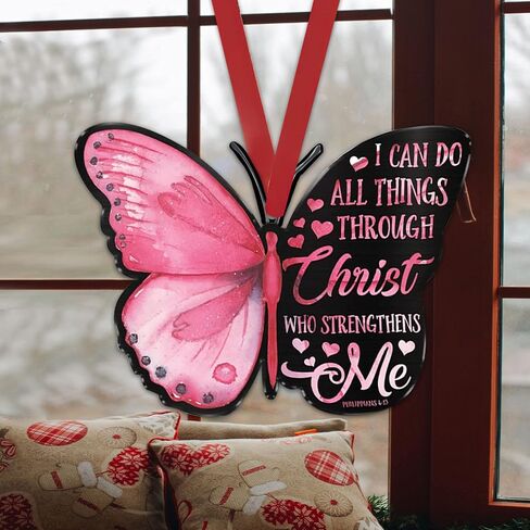 Talataca Pink Butterfly I Can Do All Things Through Christ Strengthens Me 2D Flat Car Rear View Mirror Accessories Christmas Tree Ornament Decoration Hanging Charm Interior Rearview Pendant Decor Gift in Saudi Arabia