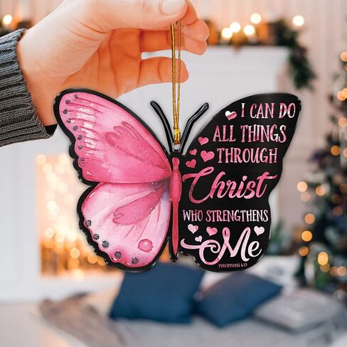 Talataca Pink Butterfly I Can Do All Things Through Christ Strengthens Me 2D Flat Car Rear View Mirror Accessories Christmas Tree Ornament Decoration Hanging Charm Interior Rearview Pendant Decor Gift in Saudi Arabia