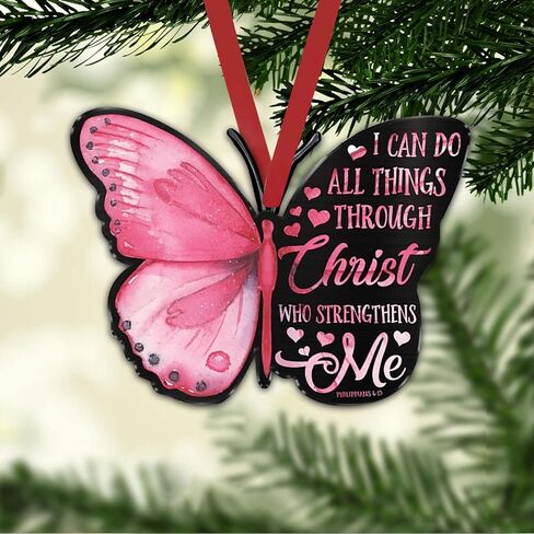 Talataca Pink Butterfly I Can Do All Things Through Christ Strengthens Me 2D Flat Car Rear View Mirror Accessories Christmas Tree Ornament Decoration Hanging Charm Interior Rearview Pendant Decor Gift in Saudi Arabia