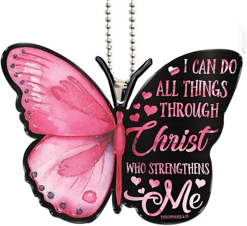 Talataca Pink Butterfly I Can Do All Things Through Christ Strengthens Me 2D Flat Car Rear View Mirror Accessories Christmas Tree Ornament Decoration Hanging Charm Interior Rearview Pendant Decor Gift in Saudi Arabia