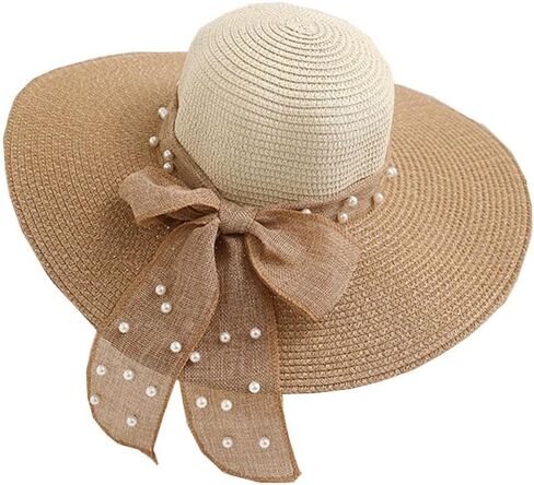 Summer Pearl Bow Women Beach Sun Hat Foldable Grass Hat Lady Beige Brown Color Matching Sunshade Straw Hats in Saudi Arabia