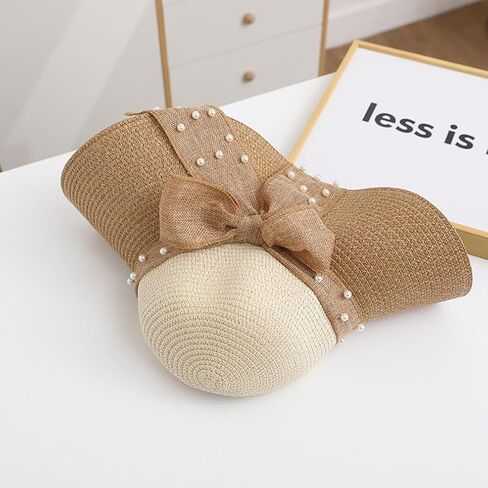 Summer Pearl Bow Women Beach Sun Hat Foldable Grass Hat Lady Beige Brown Color Matching Sunshade Straw Hats in Saudi Arabia