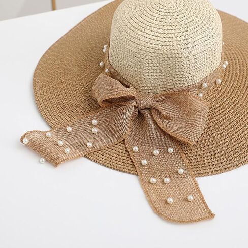 Summer Pearl Bow Women Beach Sun Hat Foldable Grass Hat Lady Beige Brown Color Matching Sunshade Straw Hats in Saudi Arabia
