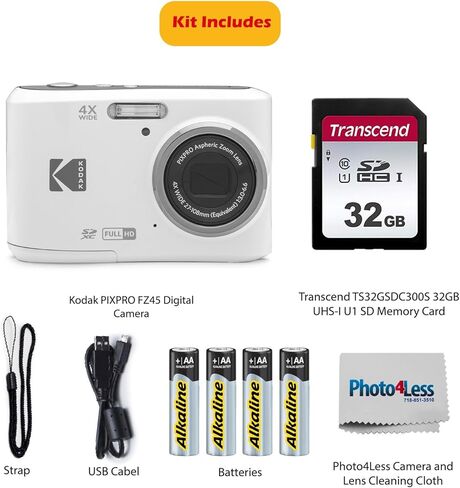 كاميرا رقمية KODAK PIXPRO FZ45 بدقة 16 ميجابكسل مع زووم بصري 4X وزاوية عريضة 27 مم وشاشة LCD مقاس 2.7 بوصة مع بطاقة ذاكرة SD سعة 32 جيجابايت، وبطاريات AA (4 عبوات)، وقطعة قماش لتنظيف العدسات (أحمر) in Kuwait