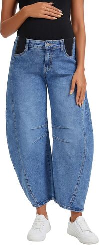 OVRUNS Women's Maternity Baggy Jeans Stretch Barrel Jeans Side Panel Loose Pregnancy Denim Pants with Pockets in Kuwait