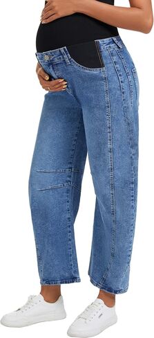 OVRUNS Women's Maternity Baggy Jeans Stretch Barrel Jeans Side Panel Loose Pregnancy Denim Pants with Pockets in Kuwait