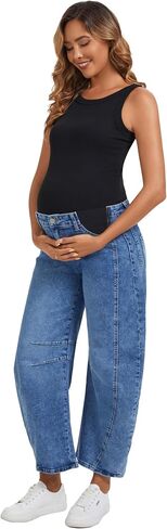 OVRUNS Women's Maternity Baggy Jeans Stretch Barrel Jeans Side Panel Loose Pregnancy Denim Pants with Pockets in Kuwait