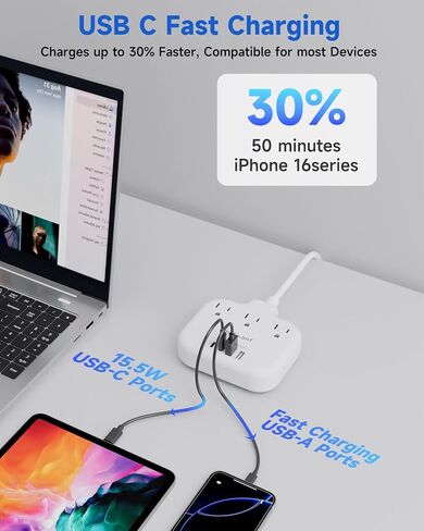 شريط طاقة ذو شقين مع USB C، محول منفذ ذو شقين إلى 3 شقوق، شريط طاقة ذو شقين مع 3 منافذ و4 USB (2 USB-C)، سلك تمديد 4 أقدام، مخرج 2 شوكة، مستقطب، للمنزل القديم، أبيض in Saudi Arabia