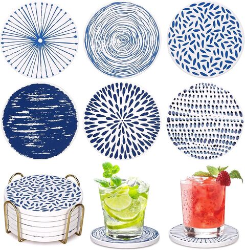 Absorbent Coasters Set of 6 Round Ceramic Coasters for Drinks Modern Blue Boho Coaster with Holder for Coffee Table Decor, Outdoor, Desk in Kuwait