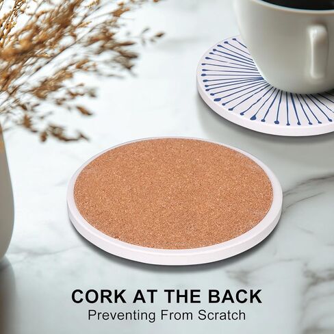 Absorbent Coasters Set of 6 Round Ceramic Coasters for Drinks Modern Blue Boho Coaster with Holder for Coffee Table Decor, Outdoor, Desk in Kuwait