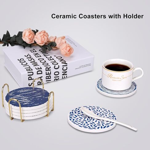 Absorbent Coasters Set of 6 Round Ceramic Coasters for Drinks Modern Blue Boho Coaster with Holder for Coffee Table Decor, Outdoor, Desk in Kuwait