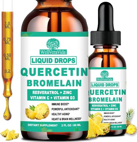Quercetin with Bromelain Liquid Drops, 4X Stronger Than Capsules & Pills, 7-in-1 Organic Zinc Quercetin 1000mg with Bromelain 500mg Vitamin C D3 Immune Complex for Respiratory Health & Antioxidant in Kuwait